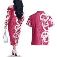 Breast Cancer Awareness Maori Couples Matching Off The Shoulder Long Sleeve Dress and Hawaiian Shirt Koru Kowhaiwhai LT7 - Polynesian Pride