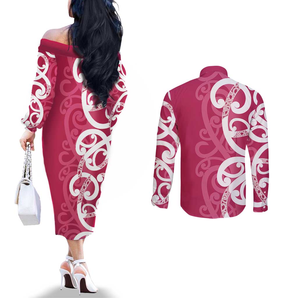 Breast Cancer Awareness Maori Couples Matching Off The Shoulder Long Sleeve Dress and Long Sleeve Button Shirt Koru Kowhaiwhai LT7 - Polynesian Pride