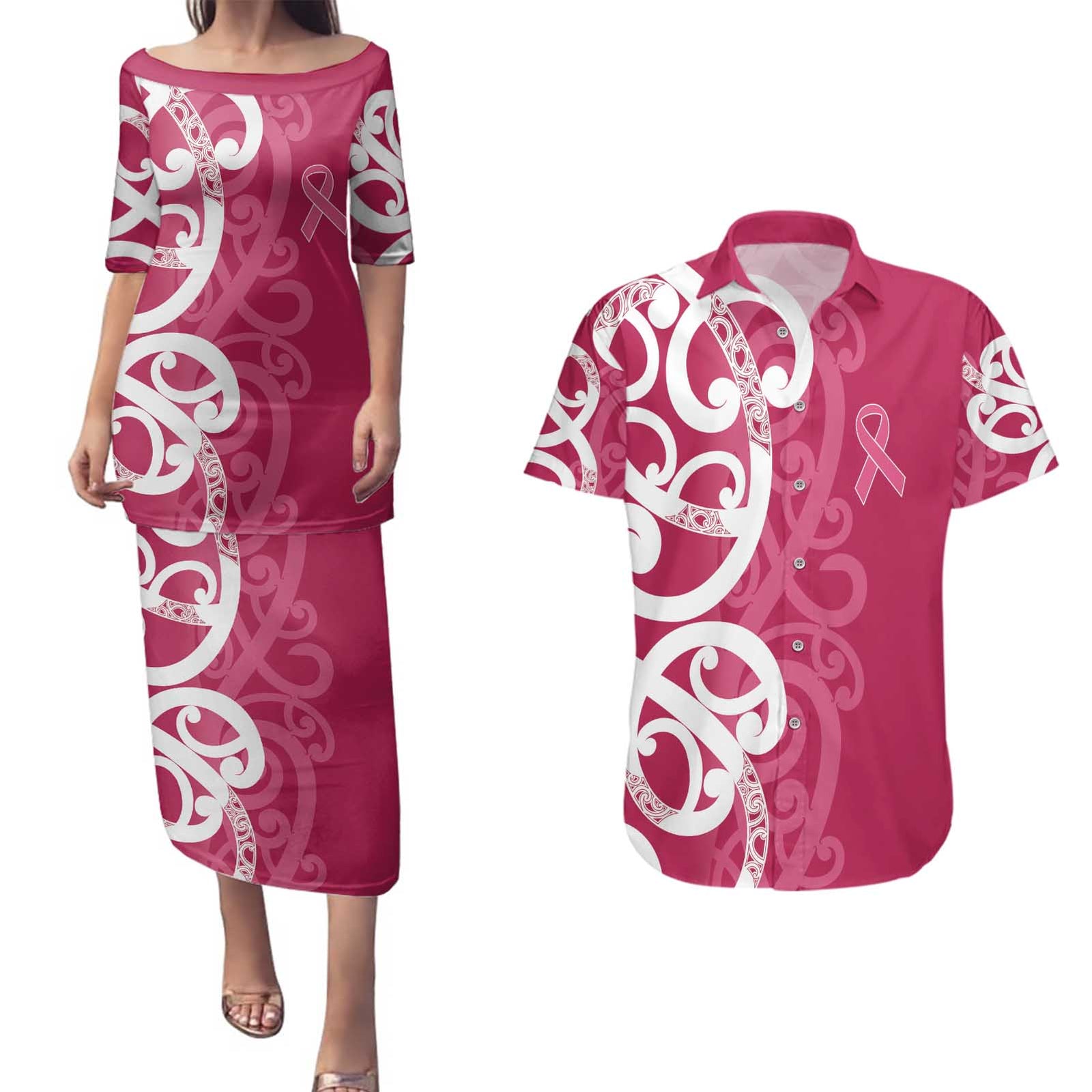 Breast Cancer Awareness Maori Couples Matching Puletasi and Hawaiian Shirt Koru Kowhaiwhai - Polynesian Pride