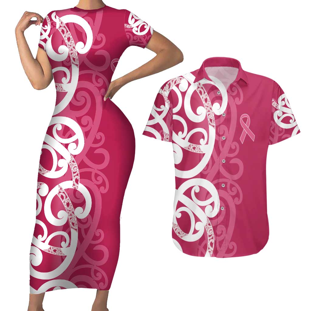 Breast Cancer Awareness Maori Couples Matching Short Sleeve Bodycon Dress and Hawaiian Shirt Koru Kowhaiwhai LT7 Pink - Polynesian Pride