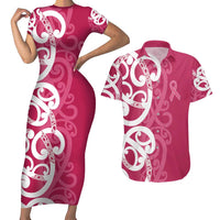 Breast Cancer Awareness Maori Couples Matching Short Sleeve Bodycon Dress and Hawaiian Shirt Koru Kowhaiwhai LT7 Pink - Polynesian Pride