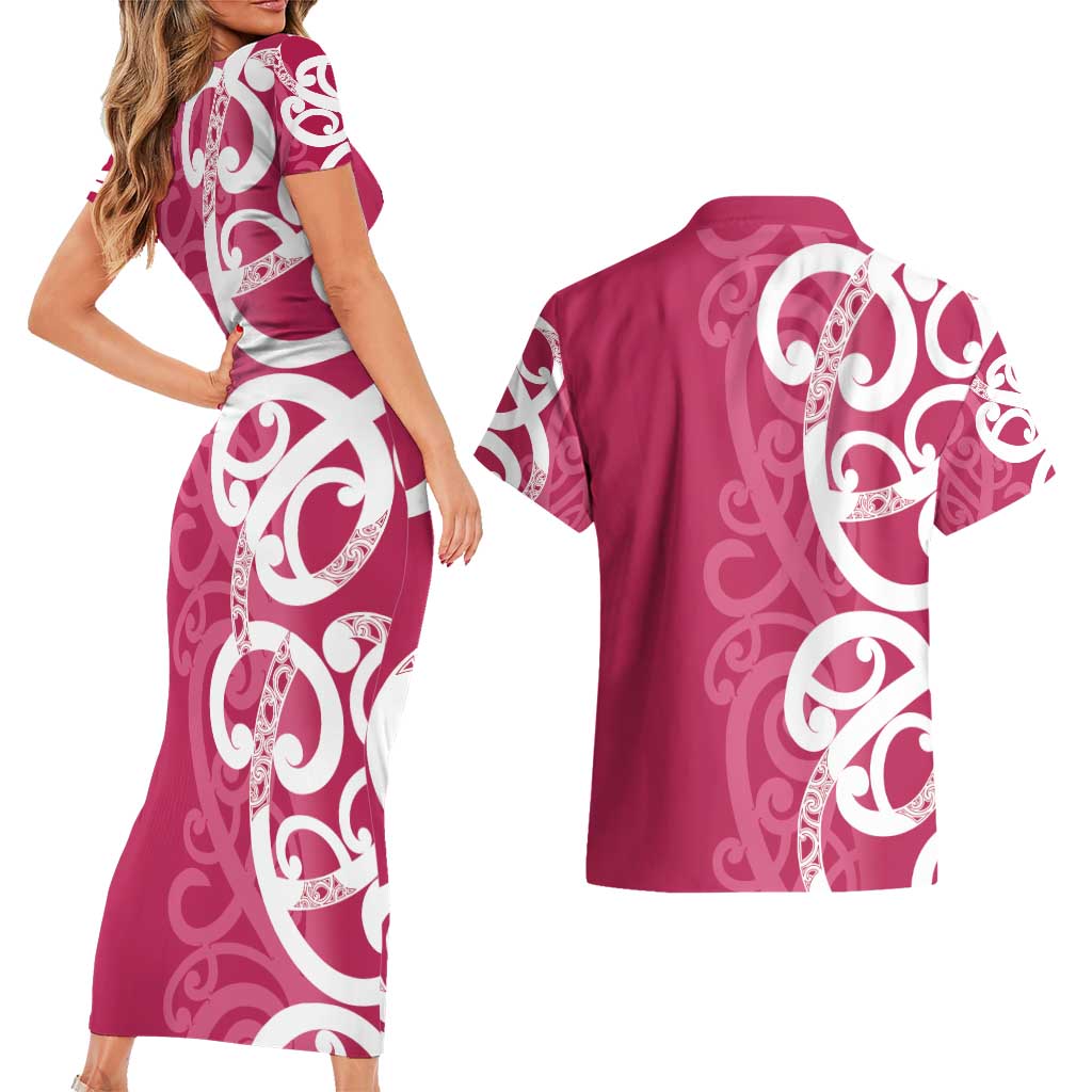 Breast Cancer Awareness Maori Couples Matching Short Sleeve Bodycon Dress and Hawaiian Shirt Koru Kowhaiwhai LT7 - Polynesian Pride