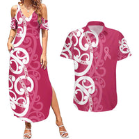 Breast Cancer Awareness Maori Couples Matching Summer Maxi Dress and Hawaiian Shirt Koru Kowhaiwhai LT7 Pink - Polynesian Pride