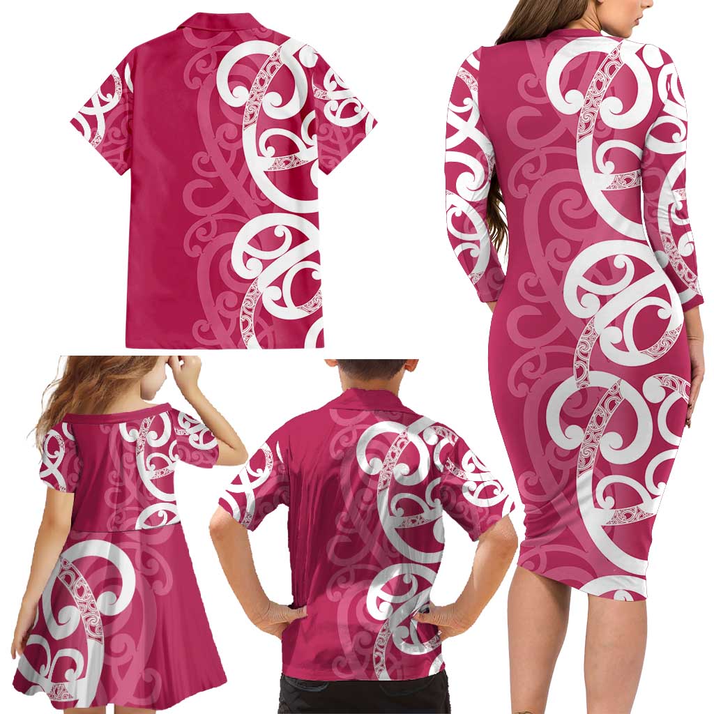 Breast Cancer Awareness Maori Family Matching Long Sleeve Bodycon Dress and Hawaiian Shirt Koru Kowhaiwhai LT7 - Polynesian Pride