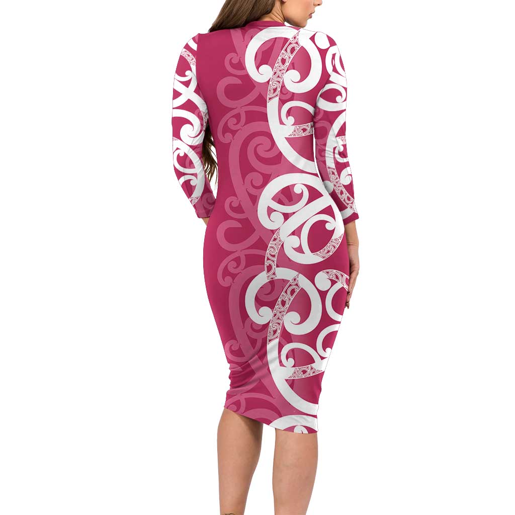 Breast Cancer Awareness Maori Family Matching Long Sleeve Bodycon Dress and Hawaiian Shirt Koru Kowhaiwhai LT7 - Polynesian Pride