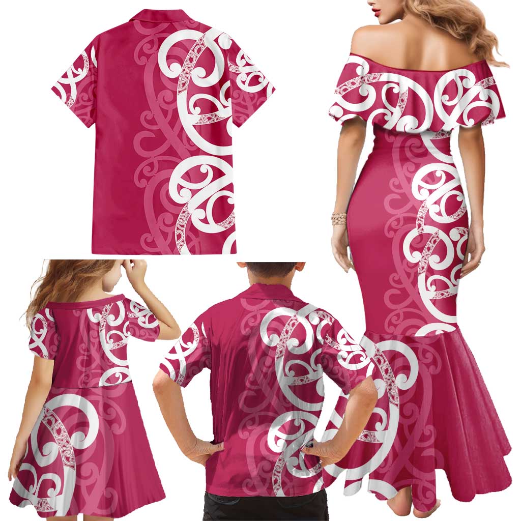 Breast Cancer Awareness Maori Family Matching Mermaid Dress and Hawaiian Shirt Koru Kowhaiwhai LT7 - Polynesian Pride