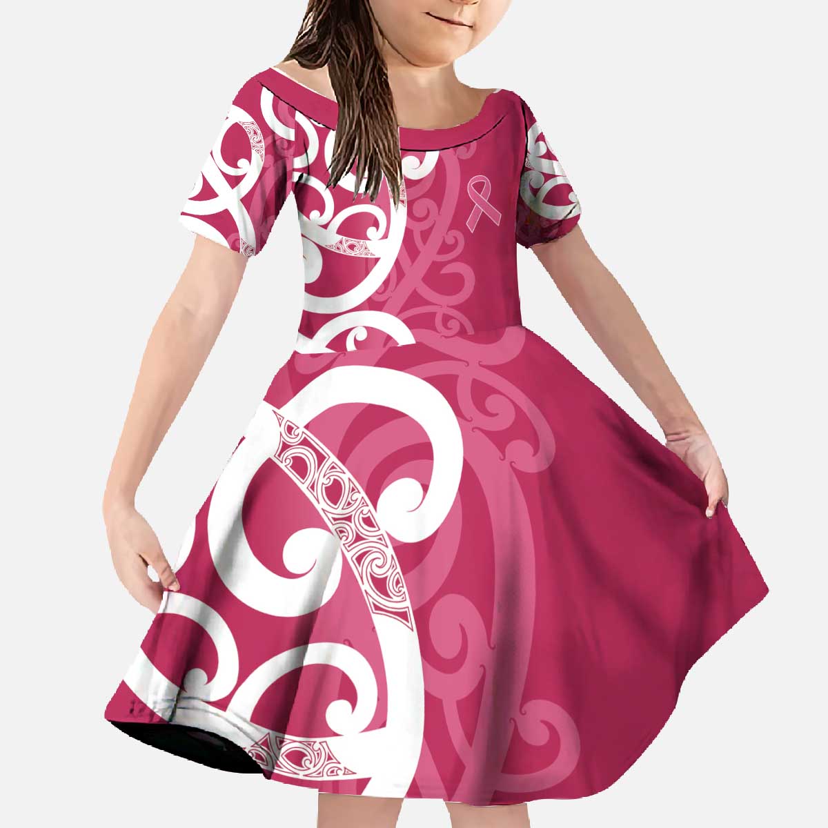 Breast Cancer Awareness Maori Family Matching Off The Shoulder Long Sleeve Dress and Hawaiian Shirt Koru Kowhaiwhai LT7 Daughter's Dress Pink - Polynesian Pride