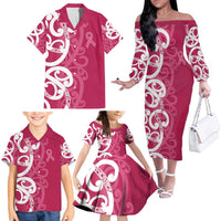 Breast Cancer Awareness Maori Family Matching Off The Shoulder Long Sleeve Dress and Hawaiian Shirt Koru Kowhaiwhai LT7 - Polynesian Pride