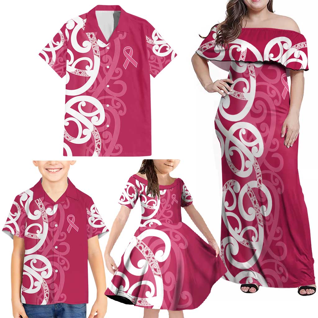 Breast Cancer Awareness Maori Family Matching Off Shoulder Maxi Dress and Hawaiian Shirt Koru Kowhaiwhai LT7 - Polynesian Pride