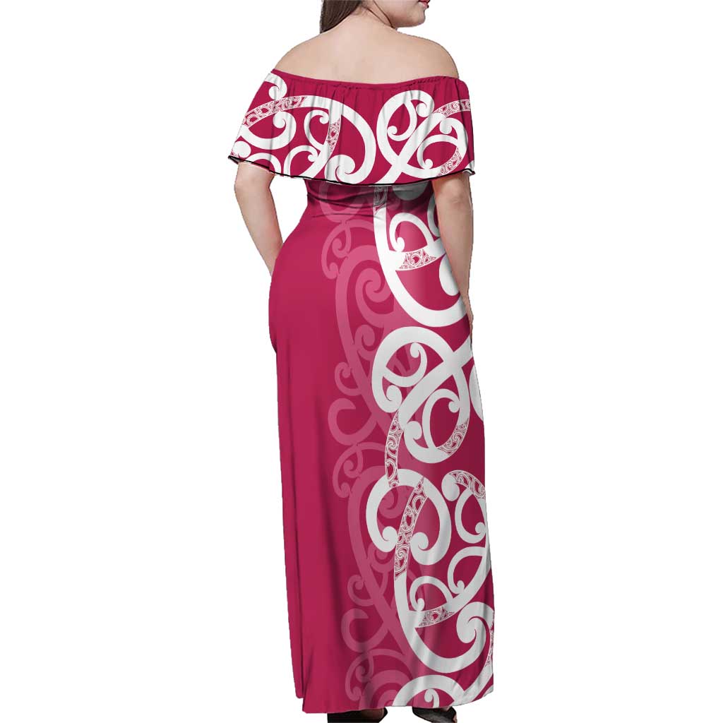 Breast Cancer Awareness Maori Family Matching Off Shoulder Maxi Dress and Hawaiian Shirt Koru Kowhaiwhai LT7 - Polynesian Pride