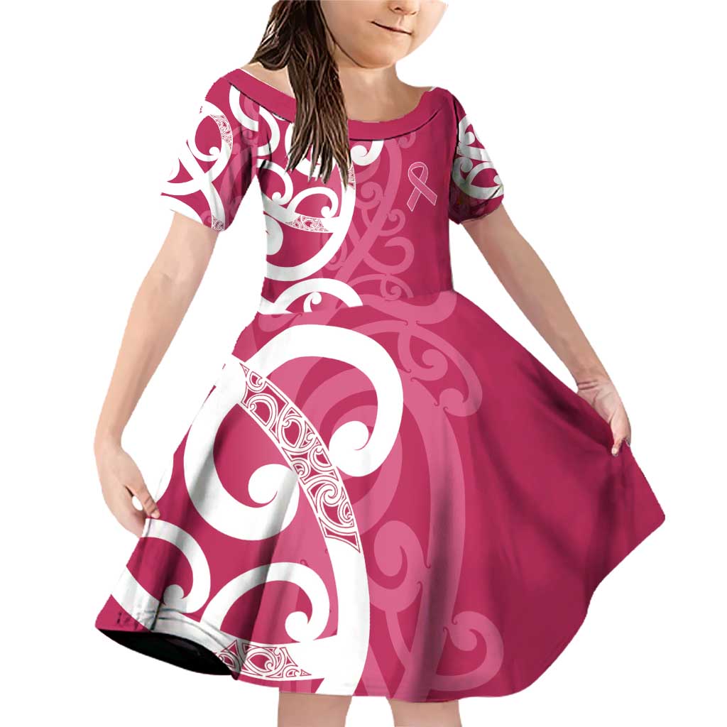 Breast Cancer Awareness Maori Family Matching Off Shoulder Short Dress and Hawaiian Shirt Koru Kowhaiwhai LT7 Daughter's Dress Pink - Polynesian Pride