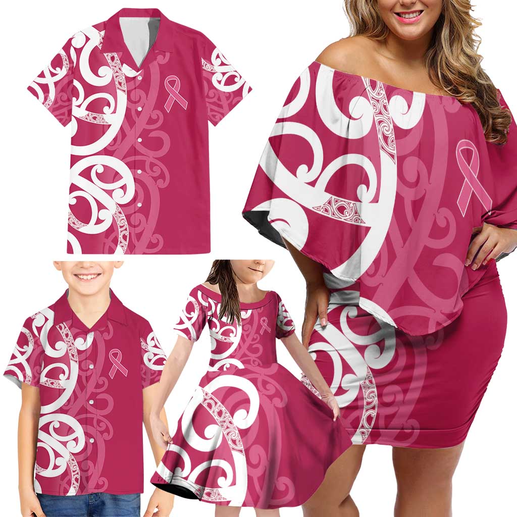 Breast Cancer Awareness Maori Family Matching Off Shoulder Short Dress and Hawaiian Shirt Koru Kowhaiwhai LT7 - Polynesian Pride