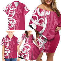 Breast Cancer Awareness Maori Family Matching Off Shoulder Short Dress and Hawaiian Shirt Koru Kowhaiwhai LT7 - Polynesian Pride