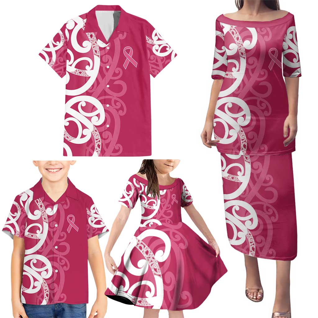 Breast Cancer Awareness Maori Family Matching Puletasi and Hawaiian Shirt Koru Kowhaiwhai LT7 - Polynesian Pride