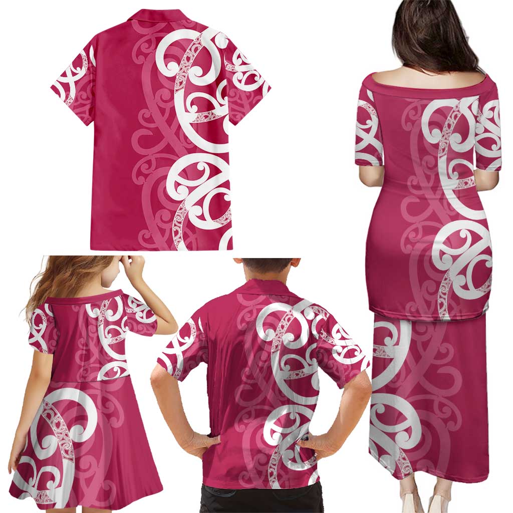 Breast Cancer Awareness Maori Family Matching Puletasi and Hawaiian Shirt Koru Kowhaiwhai LT7 - Polynesian Pride
