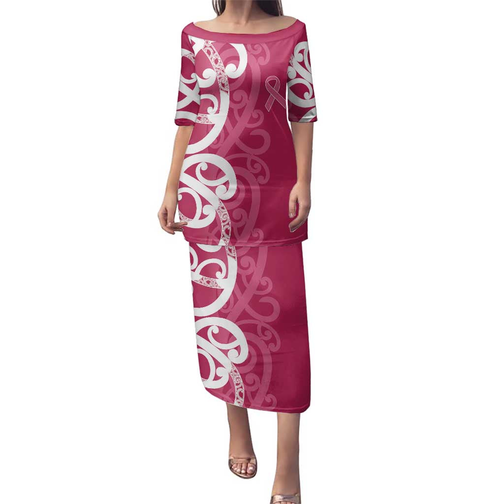 Breast Cancer Awareness Maori Family Matching Puletasi and Hawaiian Shirt Koru Kowhaiwhai LT7 Mom's Dress Pink - Polynesian Pride