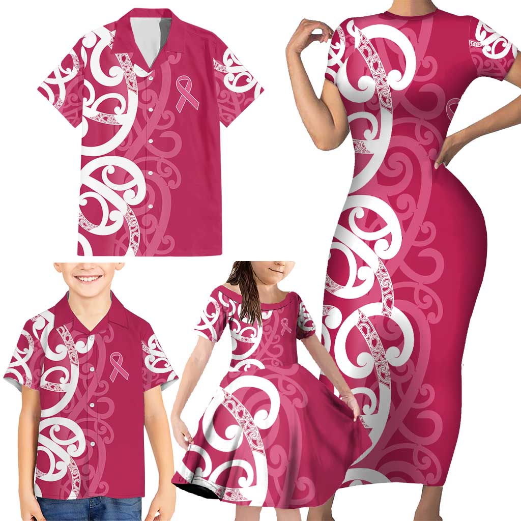 Breast Cancer Awareness Maori Family Matching Short Sleeve Bodycon Dress and Hawaiian Shirt Koru Kowhaiwhai LT7 - Polynesian Pride