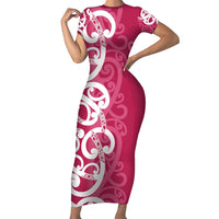 Breast Cancer Awareness Maori Family Matching Short Sleeve Bodycon Dress and Hawaiian Shirt Koru Kowhaiwhai LT7 Mom's Dress Pink - Polynesian Pride
