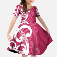 Breast Cancer Awareness Maori Family Matching Tank Maxi Dress and Hawaiian Shirt Koru Kowhaiwhai LT7 Daughter's Dress Pink - Polynesian Pride