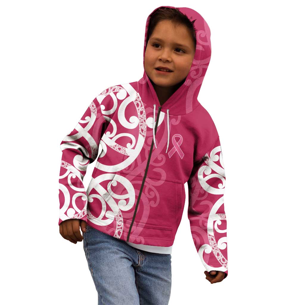 Breast Cancer Awareness Maori Kid Hoodie Koru Kowhaiwhai - Polynesian Pride