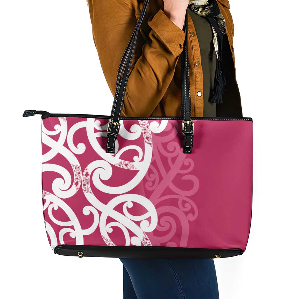 Breast Cancer Awareness Maori Leather Tote Bag Koru Kowhaiwhai - Polynesian Pride