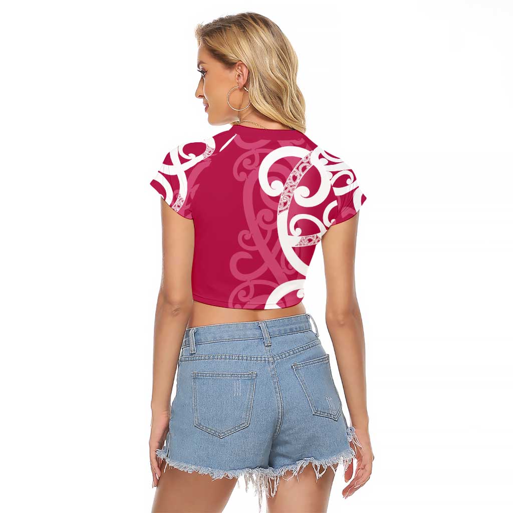 Breast Cancer Awareness Maori Raglan Cropped T Shirt Koru Kowhaiwhai - Polynesian Pride