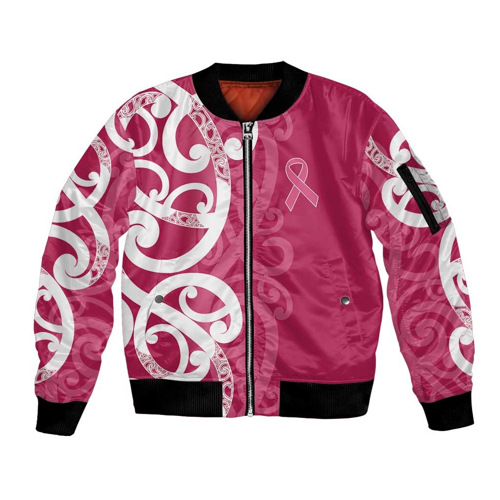 Breast Cancer Awareness Maori Sleeve Zip Bomber Jacket Koru Kowhaiwhai - Polynesian Pride