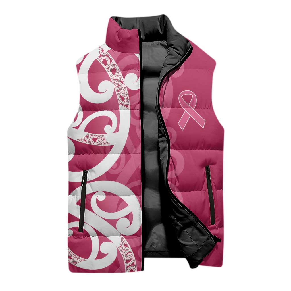 Breast Cancer Awareness Maori Sleeveless Puffer Jacket Koru Kowhaiwhai - Polynesian Pride
