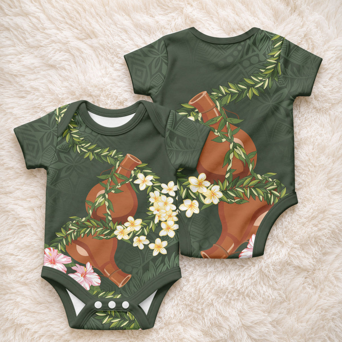 Aloha Hawaii Ipu Gourd Mix Maile Lei Baby Onesie Sage Green LT7 - Polynesian Pride