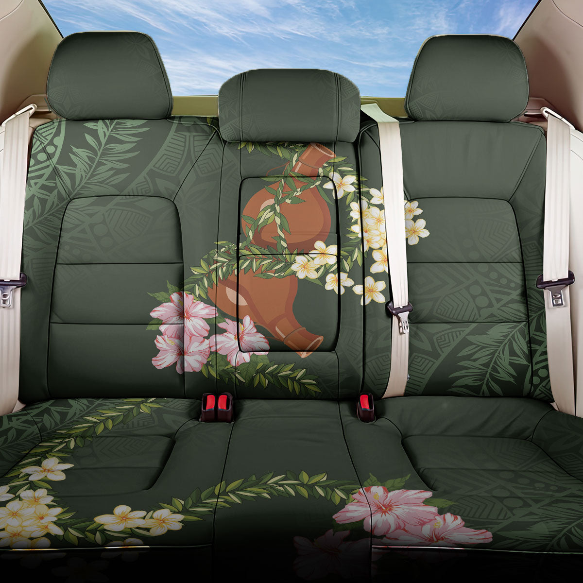 Aloha Hawaii Ipu Gourd Mix Maile Lei Back Car Seat Cover Sage Green LT7 One Size Sage Green - Polynesian Pride