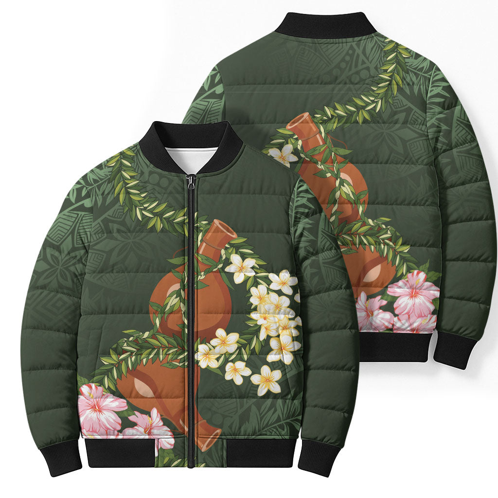 Aloha Hawaii Ipu Gourd Mix Maile Lei Bomber Puffer Jacket Sage Green LT7 - Polynesian Pride