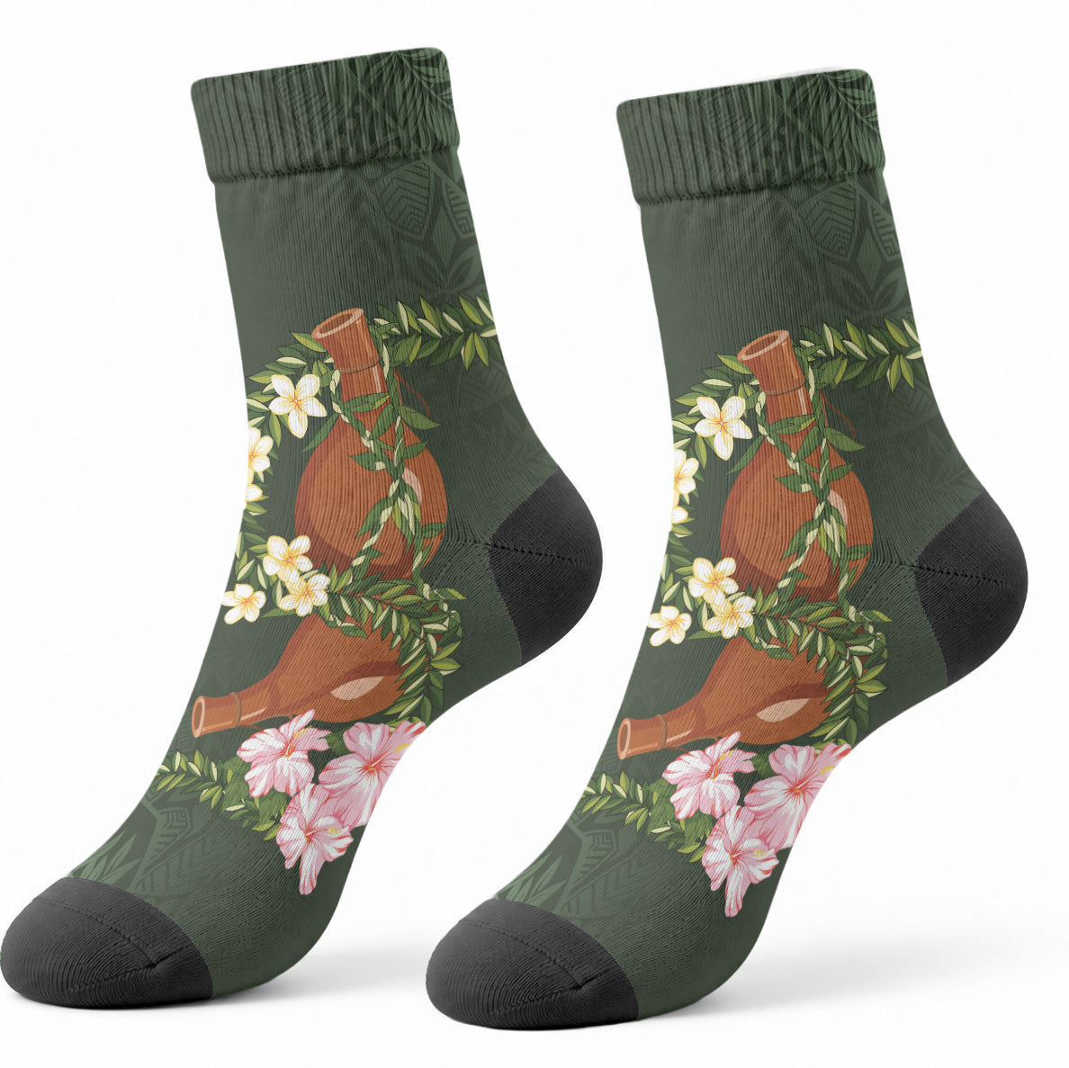 Aloha Hawaii Ipu Gourd Mix Maile Lei Crew Socks Sage Green LT7 - Polynesian Pride