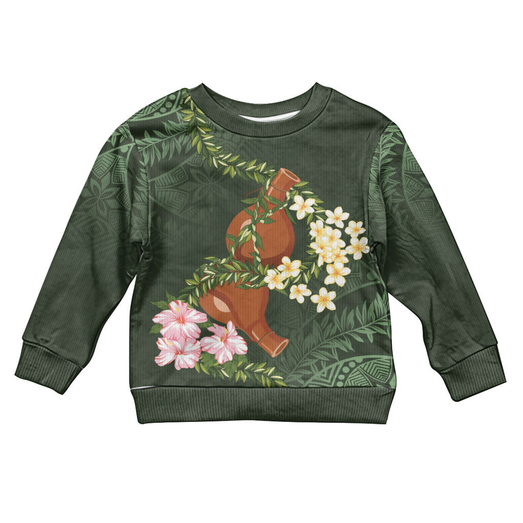 Aloha Hawaii Ipu Gourd Mix Maile Lei Kid Ugly Christmas Sweater Sage Green