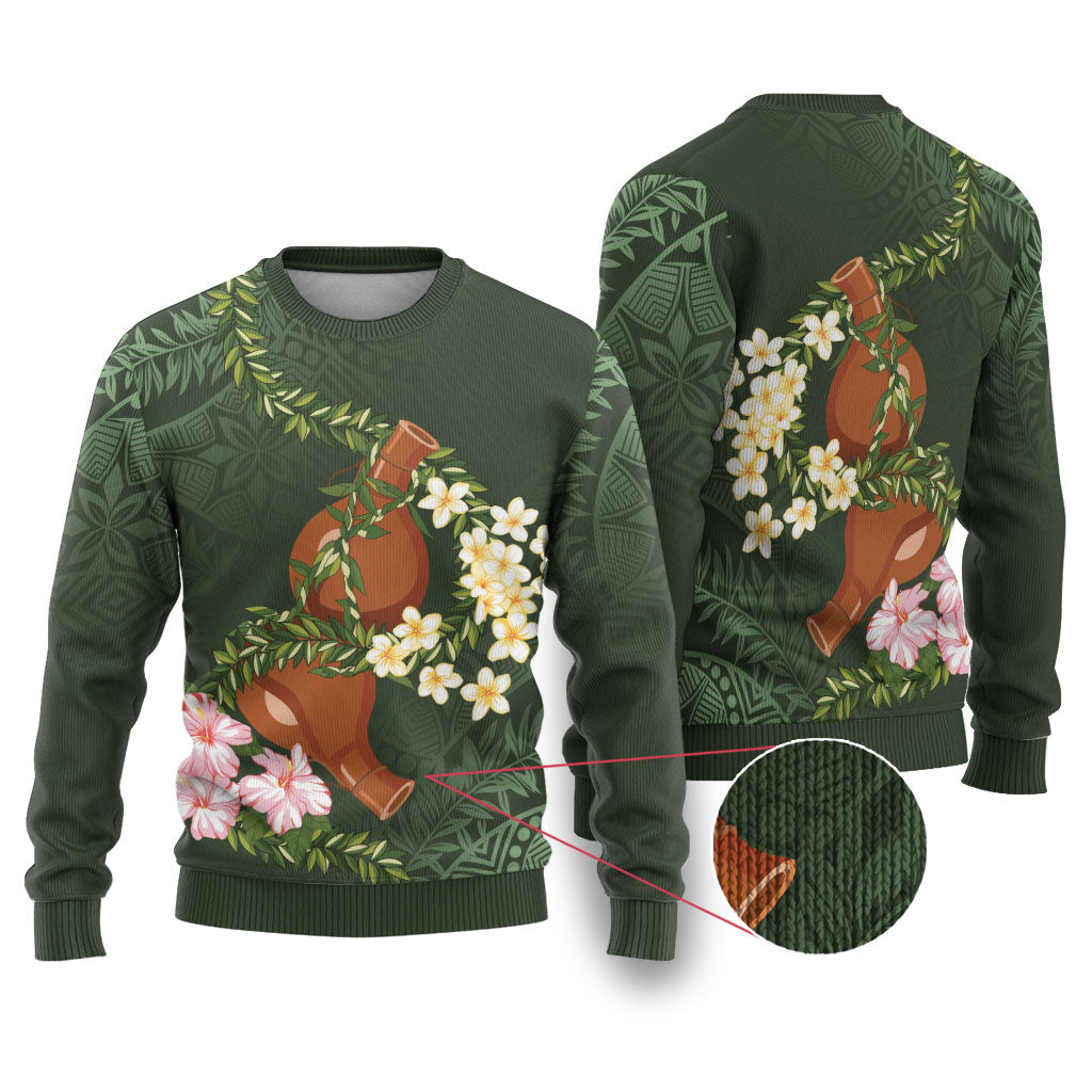 Aloha Hawaii Ipu Gourd Mix Maile Lei Ugly Christmas Sweater Sage Green