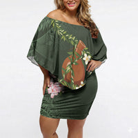 Aloha Hawaii Ipu Gourd Mix Maile Lei Off Shoulder Short Dress Sage Green LT7 Women Sage Green - Polynesian Pride