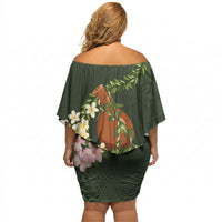 Aloha Hawaii Ipu Gourd Mix Maile Lei Off Shoulder Short Dress Sage Green LT7 - Polynesian Pride