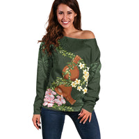 Aloha Hawaii Ipu Gourd Mix Maile Lei Off Shoulder Sweater Sage Green LT7 Women Sage Green - Polynesian Pride
