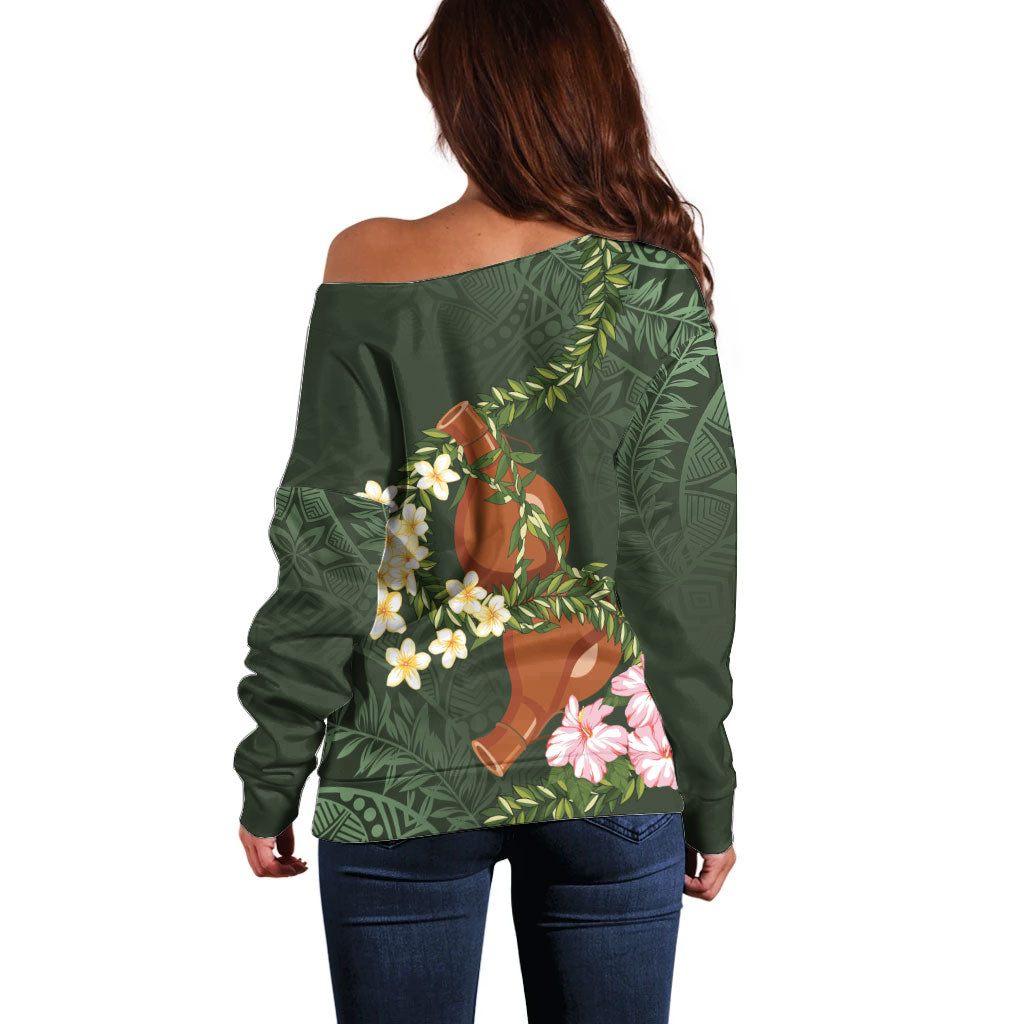 Aloha Hawaii Ipu Gourd Mix Maile Lei Off Shoulder Sweater Sage Green LT7 - Polynesian Pride