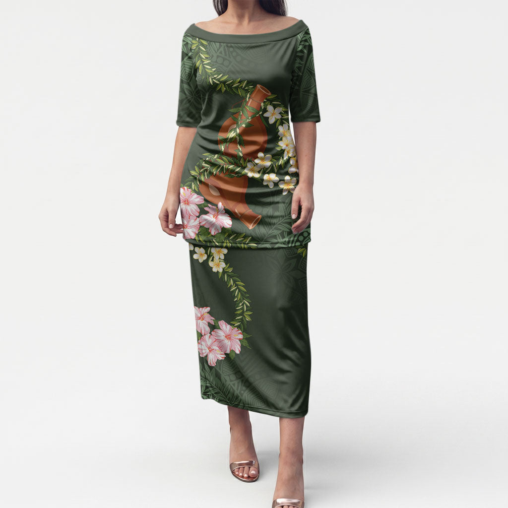 Aloha Hawaii Ipu Gourd Mix Maile Lei Puletasi Sage Green LT7 Long Dress Sage Green - Polynesian Pride