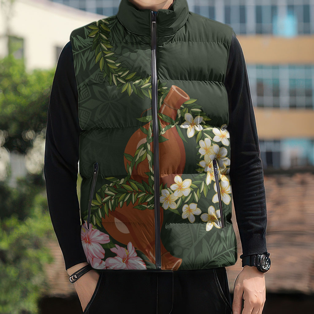 Aloha Hawaii Ipu Gourd Mix Maile Lei Sleeveless Puffer Jacket Sage Green LT7 - Polynesian Pride