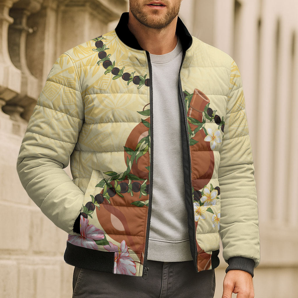 Aloha Hawaii Ipu Gourd Mix Kukui Nut Lei Bomber Puffer Jacket Lemon Yellow LT7 - Polynesian Pride