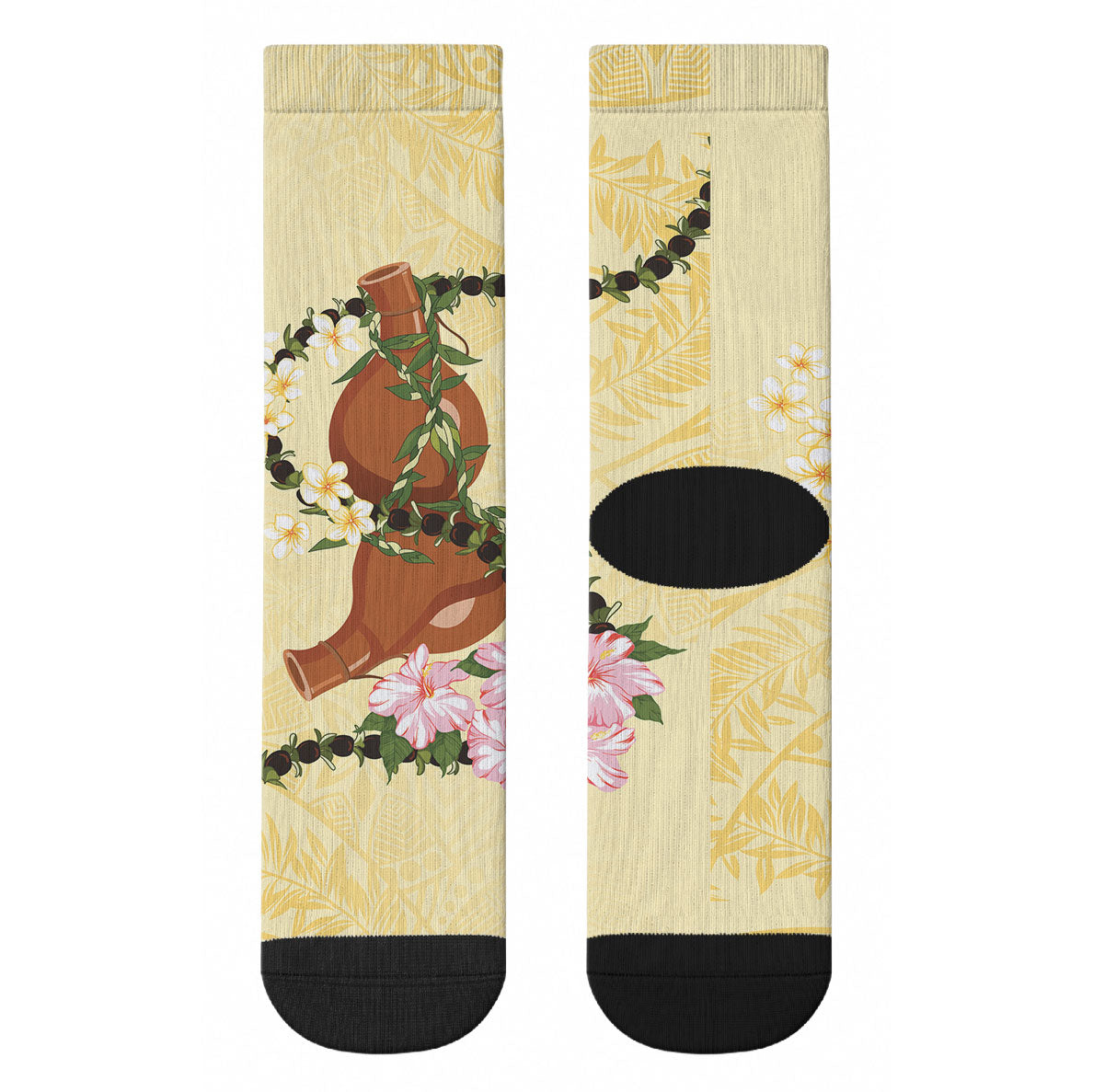 Aloha Hawaii Ipu Gourd Mix Kukui Nut Lei Crew Socks Lemon Yellow LT7 - Polynesian Pride