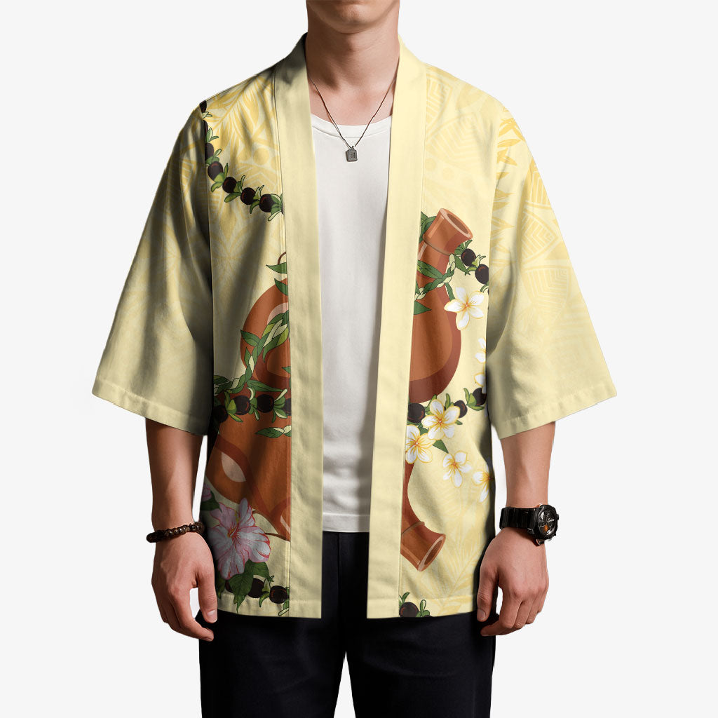 Aloha Hawaii Ipu Gourd Mix Kukui Nut Lei Kimono Lemon Yellow LT7 - Polynesian Pride