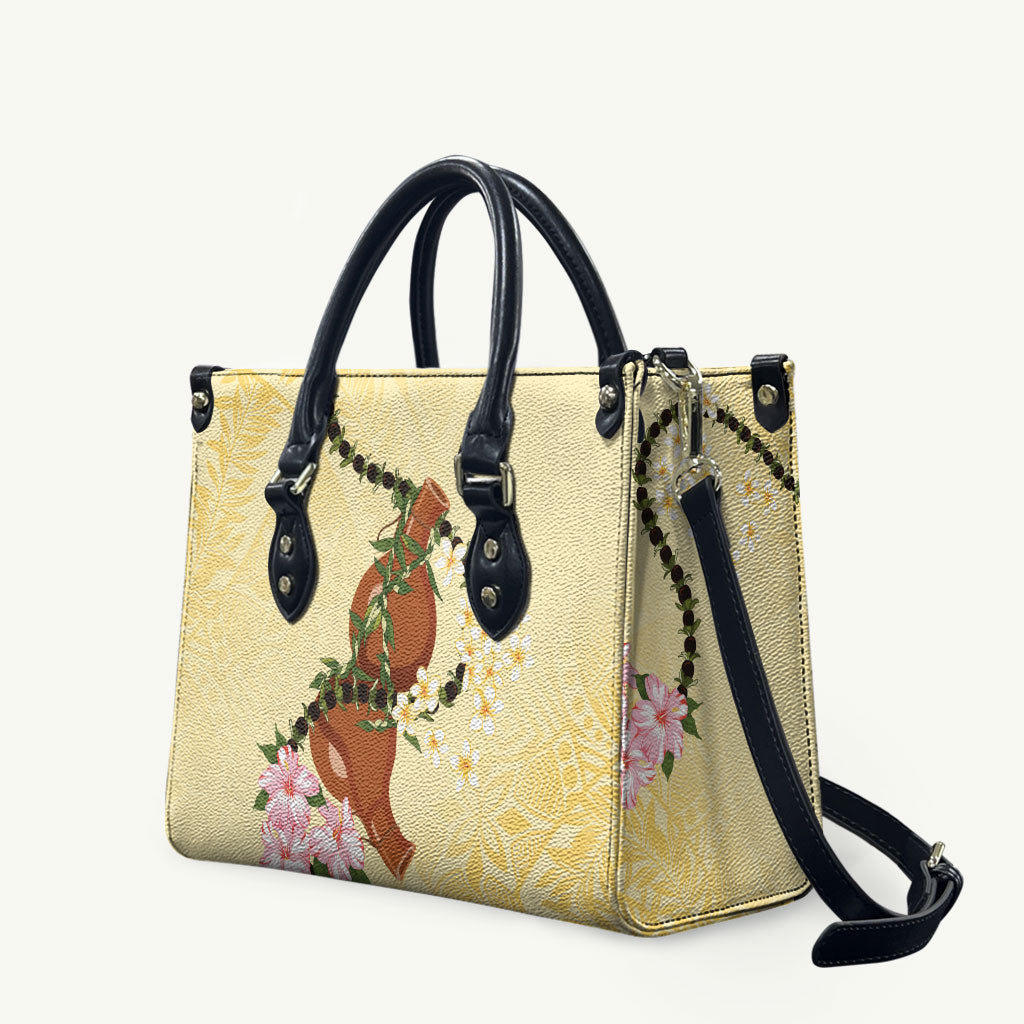 Aloha Hawaii Ipu Gourd Mix Kukui Nut Lei Leather Bag Lemon Yellow LT7 Lemon Yellow - Polynesian Pride
