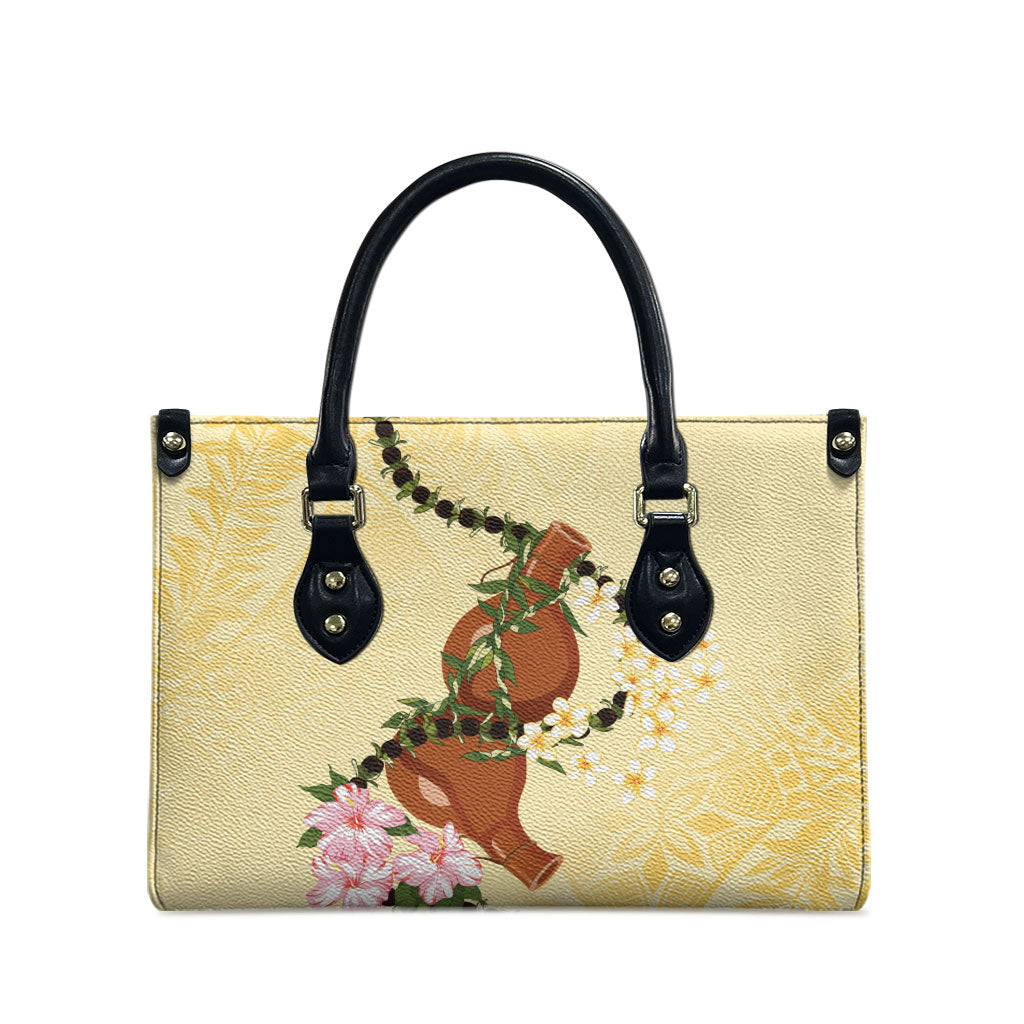 Aloha Hawaii Ipu Gourd Mix Kukui Nut Lei Leather Bag Lemon Yellow LT7 - Polynesian Pride