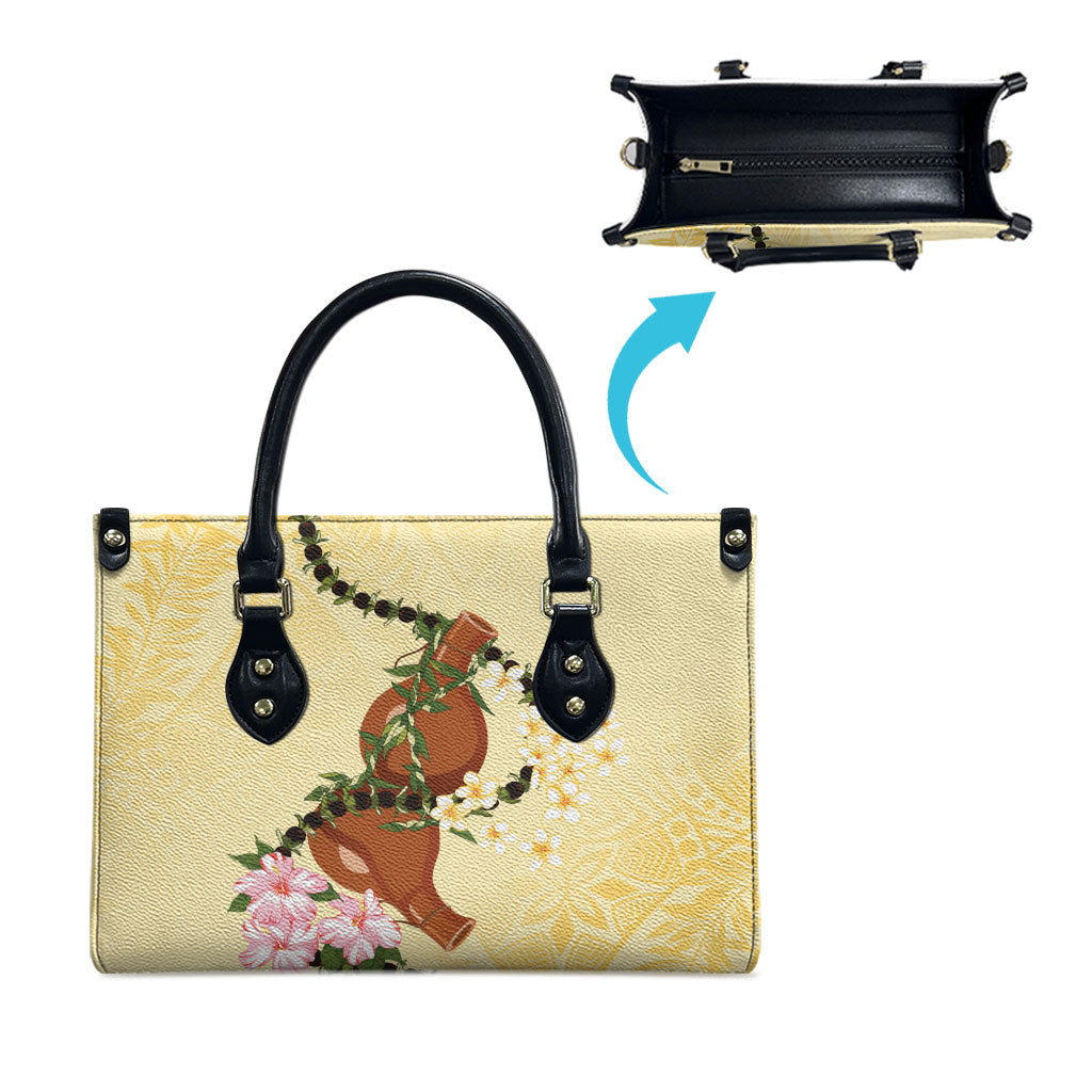 Aloha Hawaii Ipu Gourd Mix Kukui Nut Lei Leather Bag Lemon Yellow LT7 - Polynesian Pride