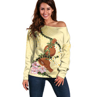 Aloha Hawaii Ipu Gourd Mix Kukui Nut Lei Off Shoulder Sweater Lemon Yellow LT7 Women Lemon Yellow - Polynesian Pride