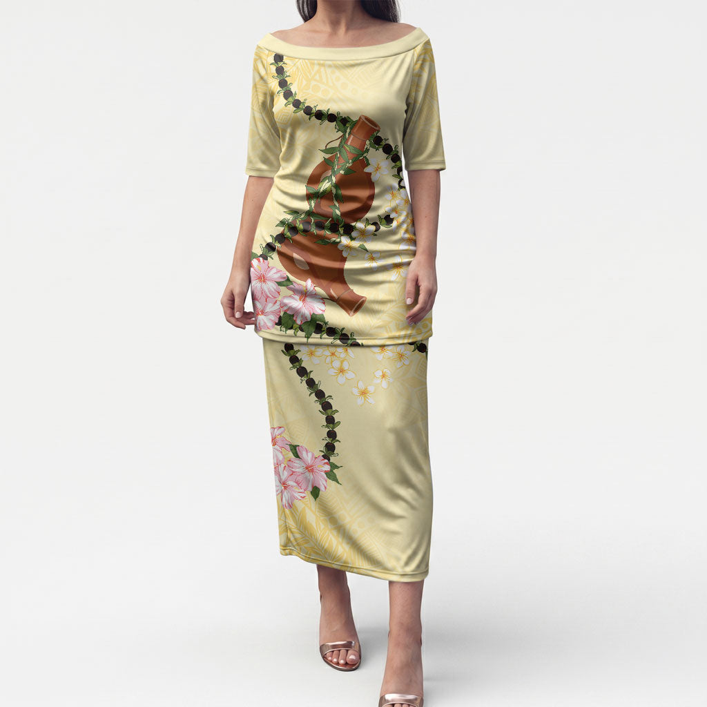 Aloha Hawaii Ipu Gourd Mix Kukui Nut Lei Puletasi Lemon Yellow LT7 Long Dress Lemon Yellow - Polynesian Pride