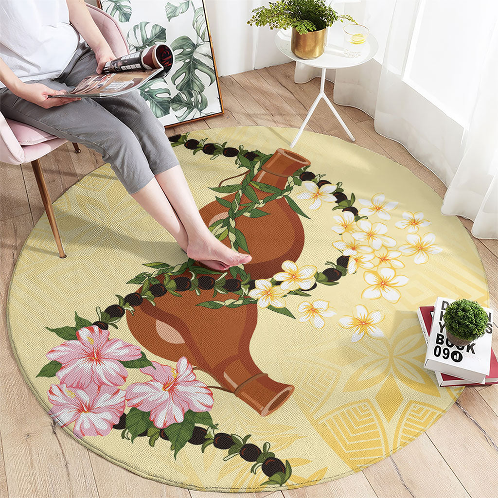 Aloha Hawaii Ipu Gourd Mix Kukui Nut Lei Round Carpet Lemon Yellow LT7 - Polynesian Pride