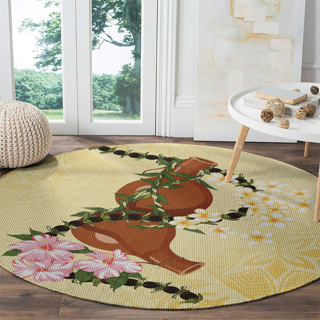 Aloha Hawaii Ipu Gourd Mix Kukui Nut Lei Round Carpet Lemon Yellow LT7 - Polynesian Pride